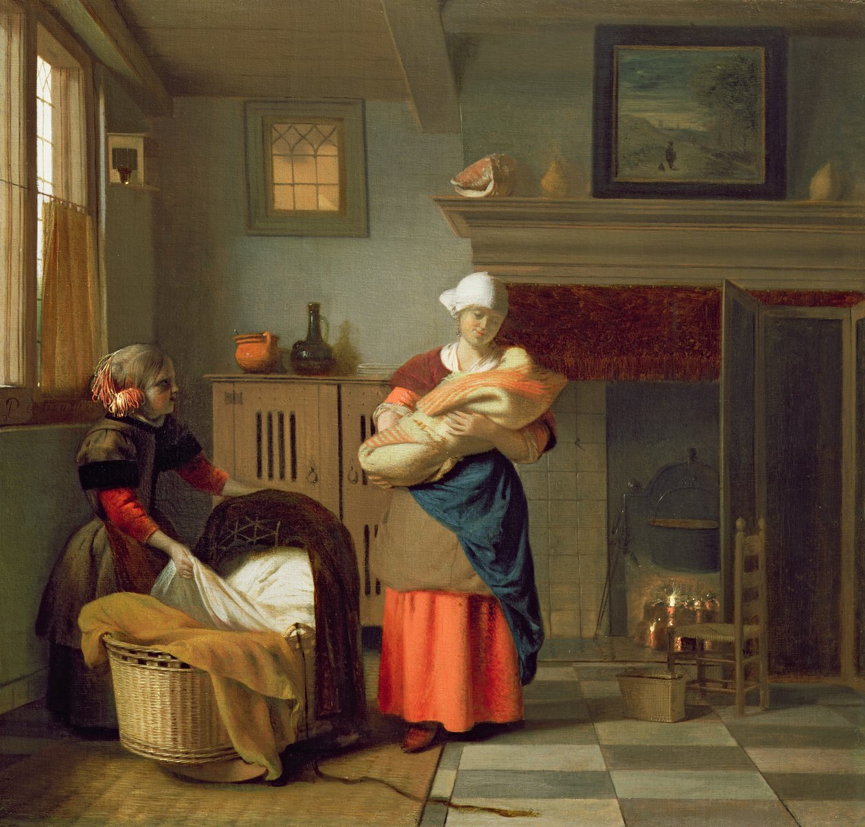 Hoitoneito vauvan kanssa sisätiloissa ja nuori tyttö valmistelee kehtoa tekijältä Pieter de Hooch