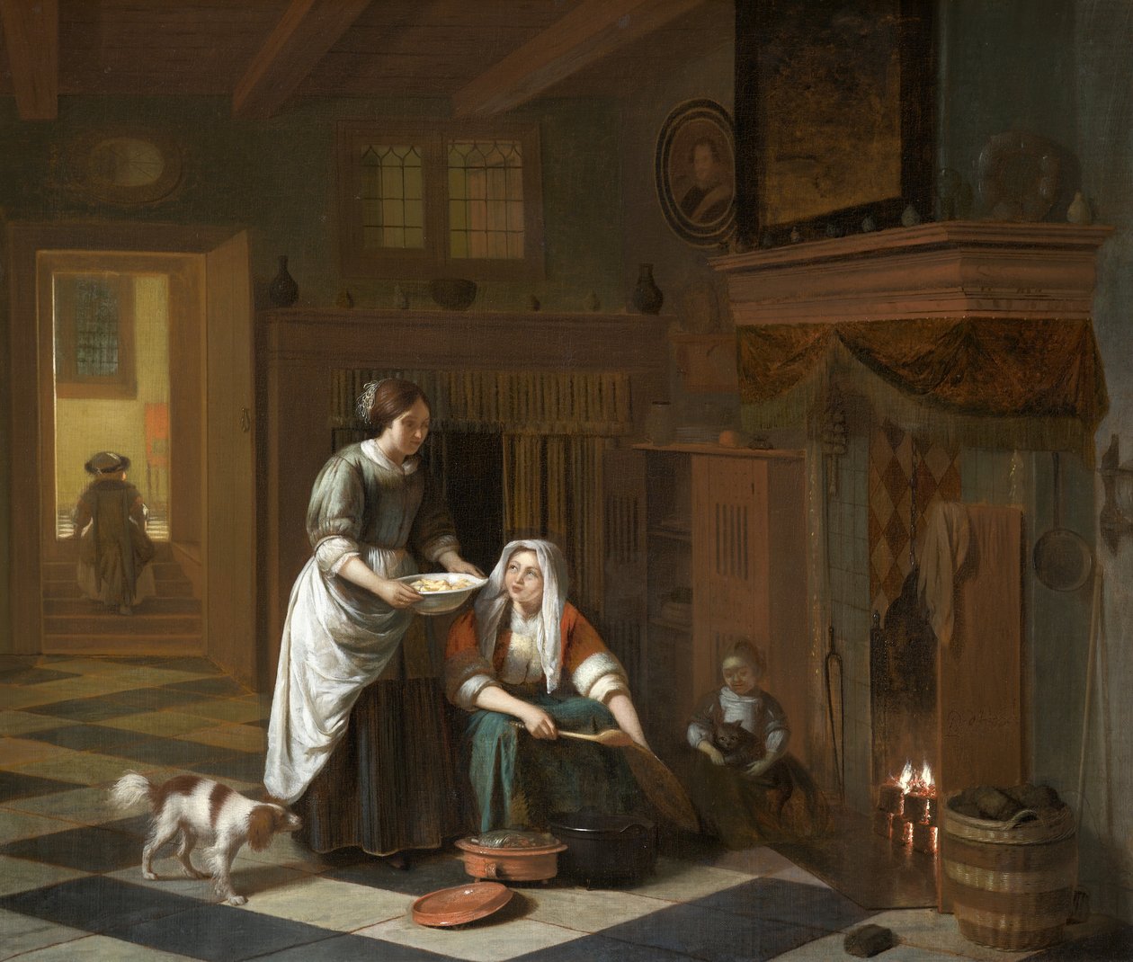 The Fireside, noin 1670-1675 (öljy kankaalle) tekijältä Pieter de Hooch