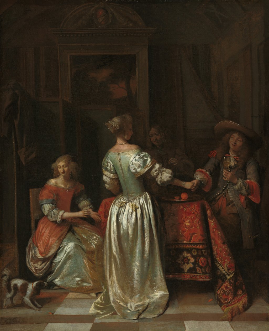 Tervehdys, n. 1675 (öljy kankaalle) tekijältä Pieter de Hooch