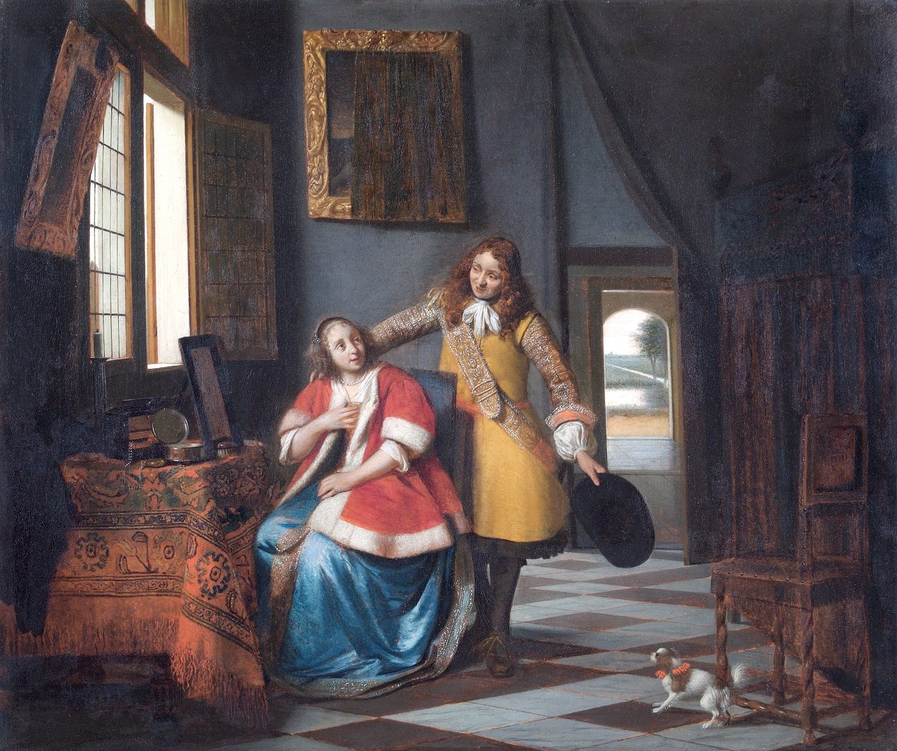 Tunkeilija: Nainen WC:ssä, rakastajansa yllättynyt tekijältä Pieter de Hooch