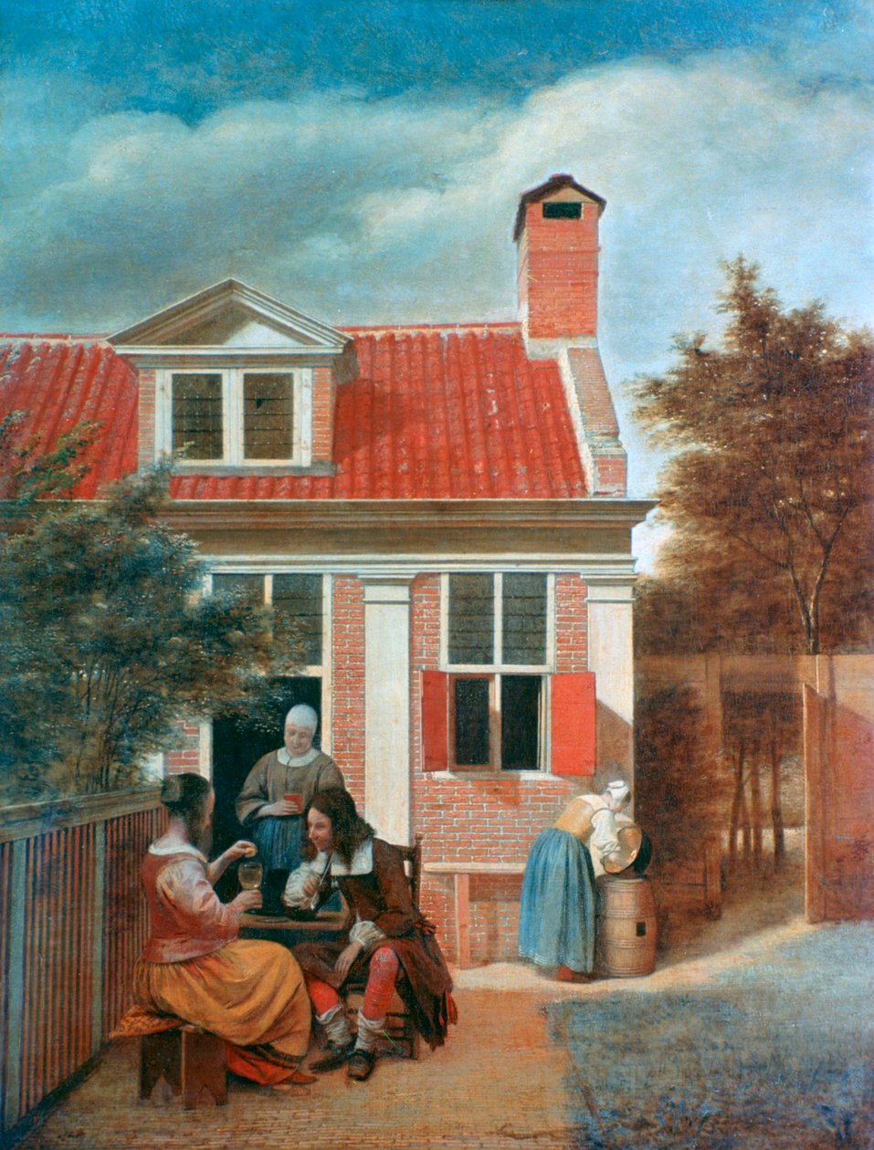 Kolme naista ja mies pihalla talon takana, c1657-1659 tekijältä Pieter de Hooch