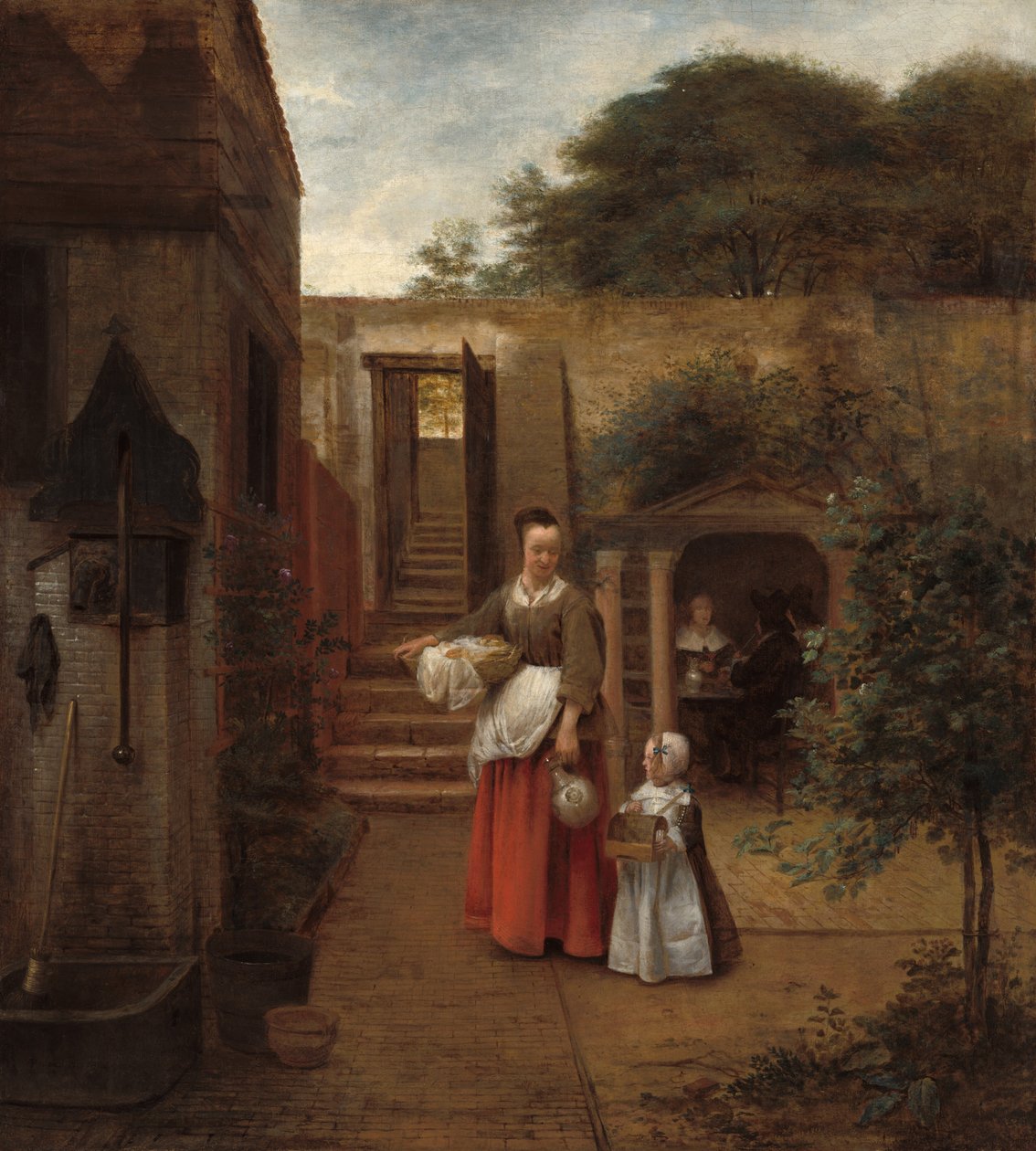 Nainen ja lapsi pihalla tekijältä Pieter de Hooch
