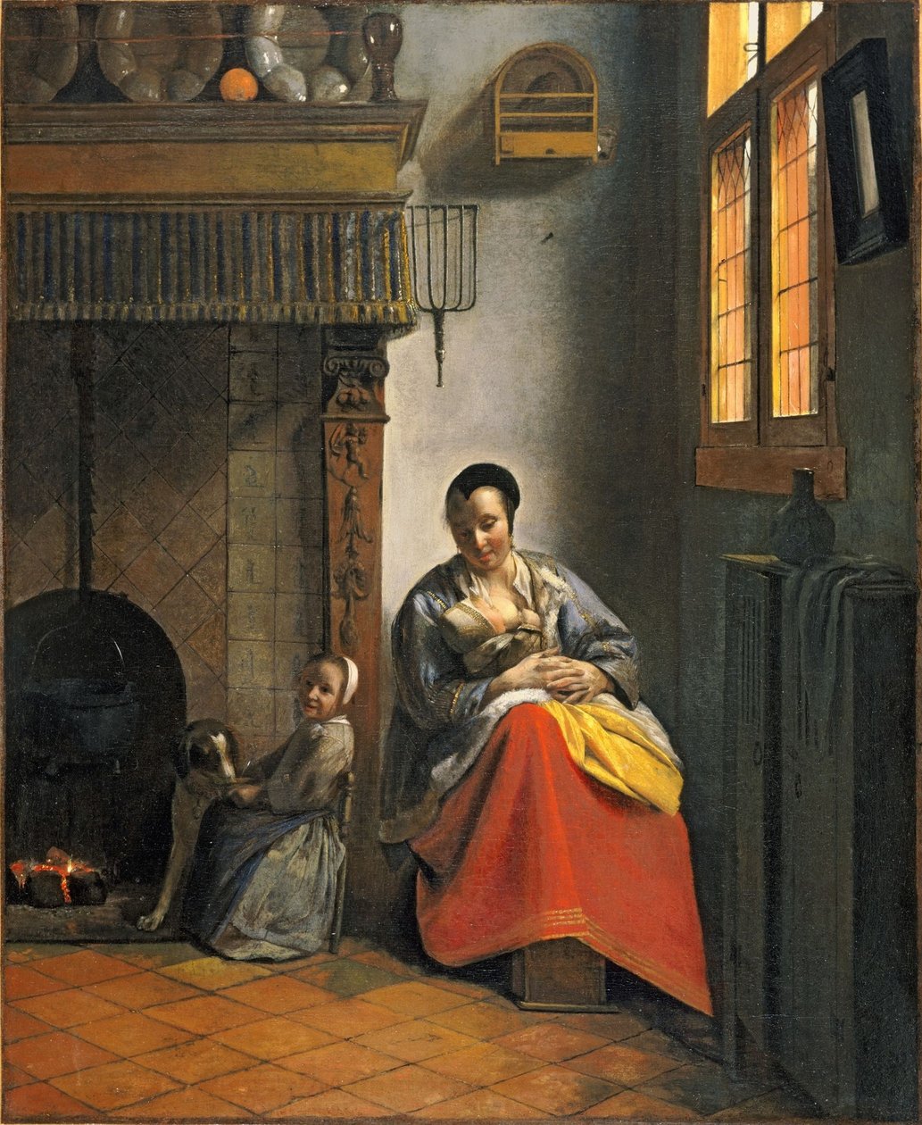 Nainen imettävän lapsen kanssa, lapsen ja koiran kanssa tekijältä Pieter de Hooch