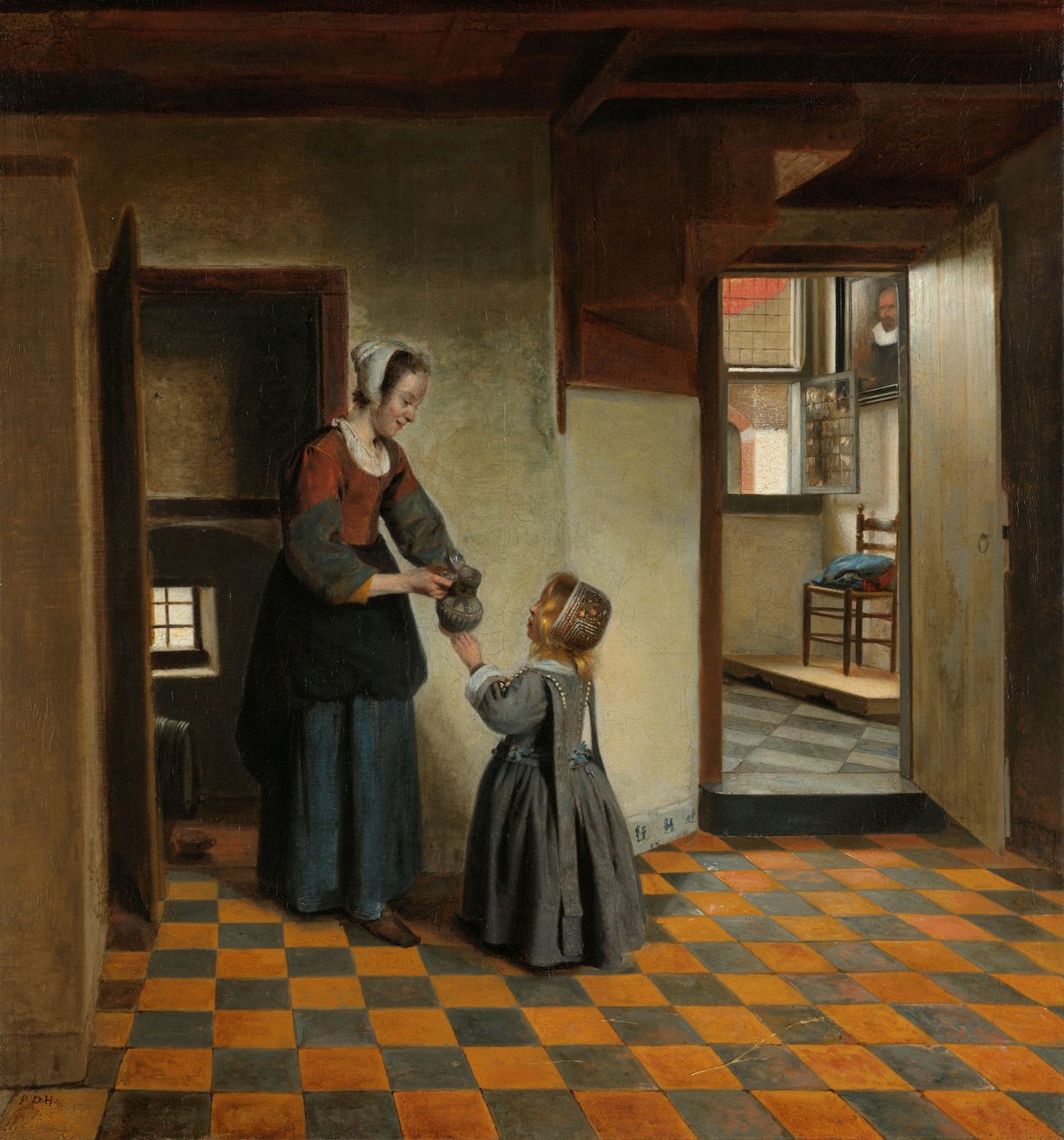 Nainen lapsen kanssa ruokakomerossa, n. 1656-60 (öljy kankaalle) tekijältä Pieter de Hooch