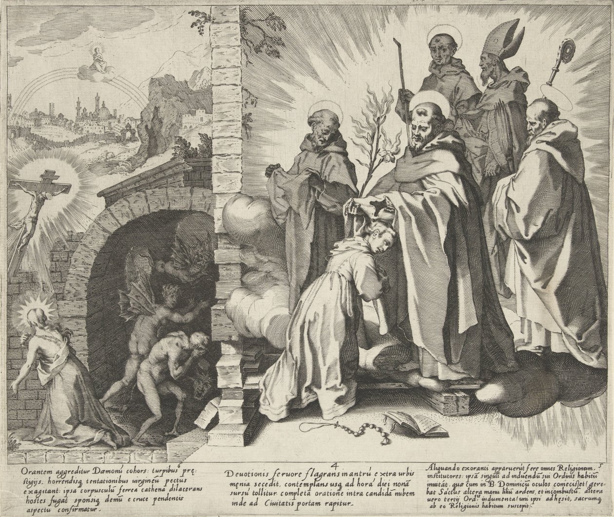 Catharina biddend / Visioen van Catharina / Catharina sanat Dominikaanit Scenes uit het leven en wonderen van de Heilige Catharina van Siena (sarjan nimi) B. Catherine vanhemman elämä, kuolema ja valitut ihmeet (...) (sarjan nimi) tekijältä Pieter de Jode (I)