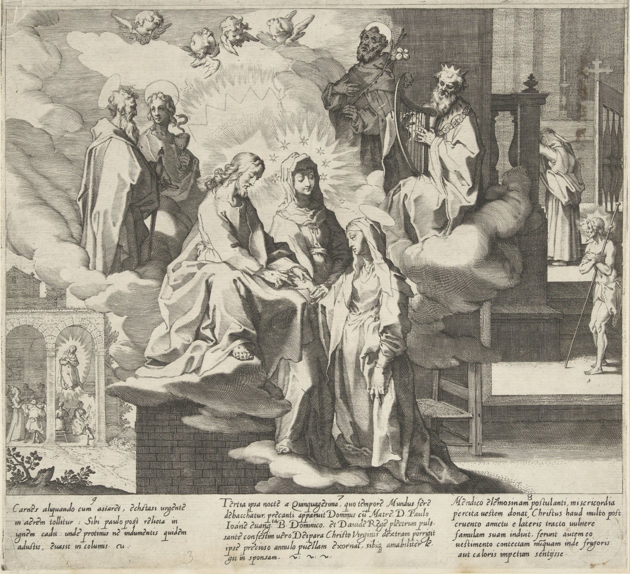 Catherine ilmestyy / Katariinan häät / Catherine jakaa viittansa Kohtauksia Pyhän Katariina Sienan elämästä ja ihmeistä (sarjan nimi) Vita mors gesta, et miracula quaedam selecta B. CATHERINAE SENENSIS (...) (sarjan nimi) tekijältä Pieter de Jode (I)