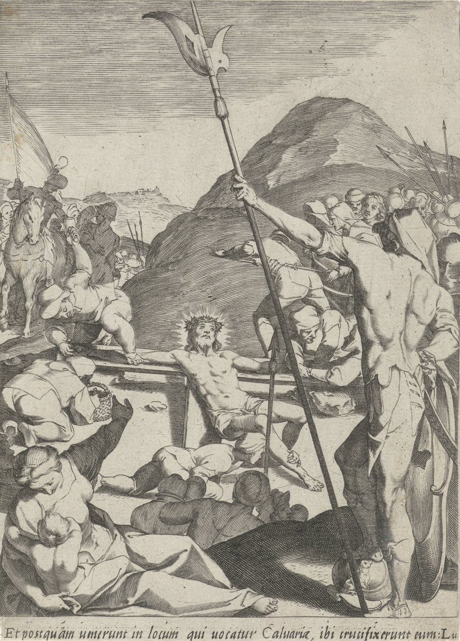 Kristus on naulittu ristille Passion of Christ (sarjan nimi) Passionis et resurrectionis (sarjan nimi) tekijältä Pieter de Jode (I)