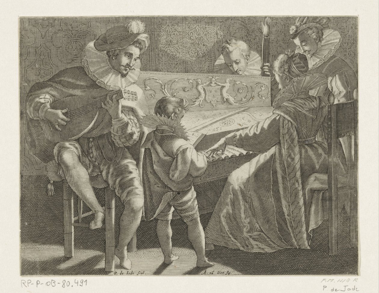 Soihdunvalossa musiikkia tekevä yritys, n. 1600 tekijältä Pieter de Jode (I)