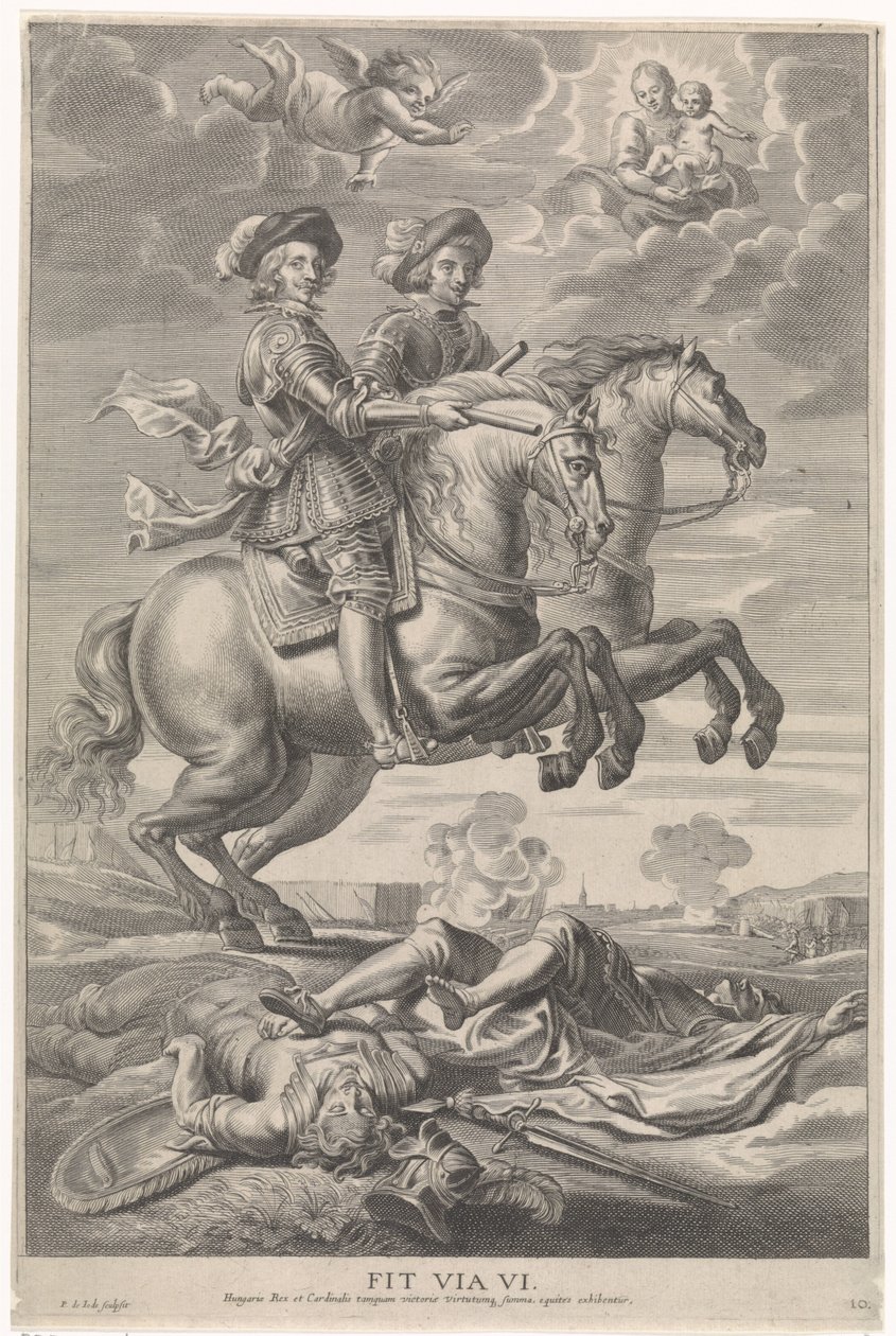 Itävallan Ferdinand yhdessä Böömin ja Unkarin kuninkaan Ferdinandin kanssa hevosen selässä Nördlingenin voitossa Cardinal-Infantin iloinen tulo Gentiin, 1635 (sarjan nimi) tekijältä Pieter de Jode (II)