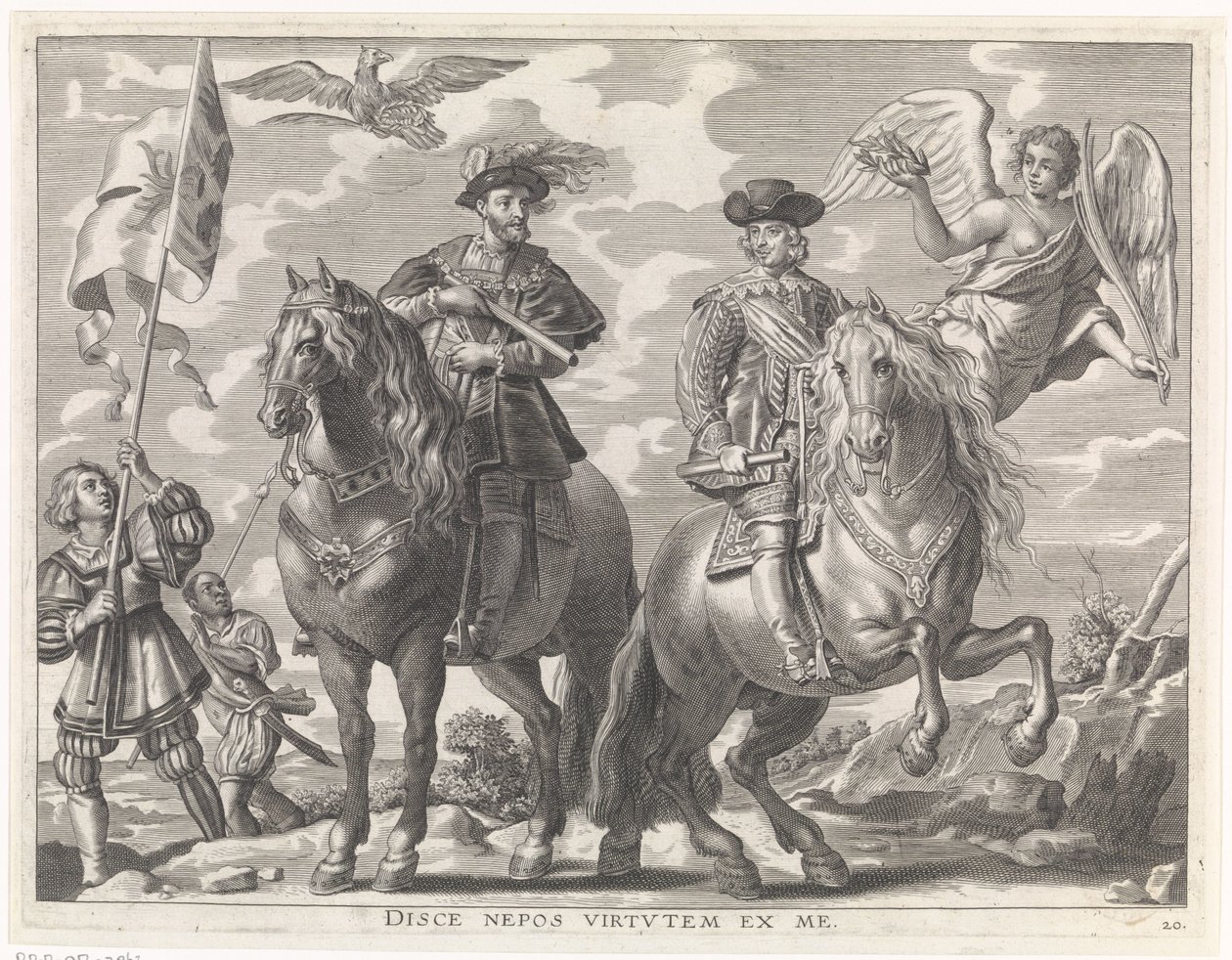 Kaarle V ja Ferdinand hevosen selässä Cardinal-Infantin iloinen tulo Gentiin, 1635 (sarjan nimi) tekijältä Pieter de Jode (II)