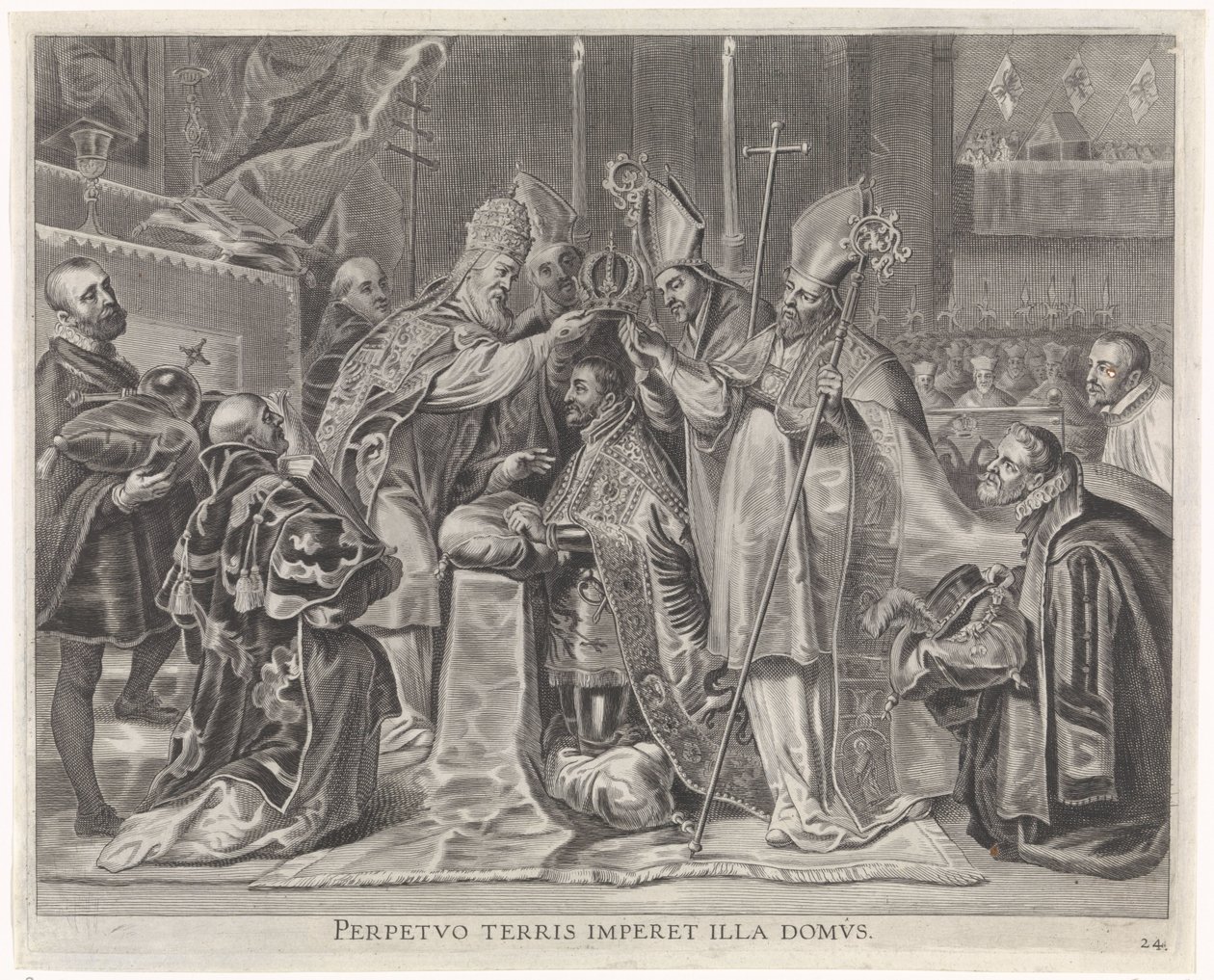 Paavi kruunasi Kaarle V:n keisariksi Cardinal-Infantin iloinen tulo Gentiin, 1635 (sarjan nimi) tekijältä Pieter de Jode (II)