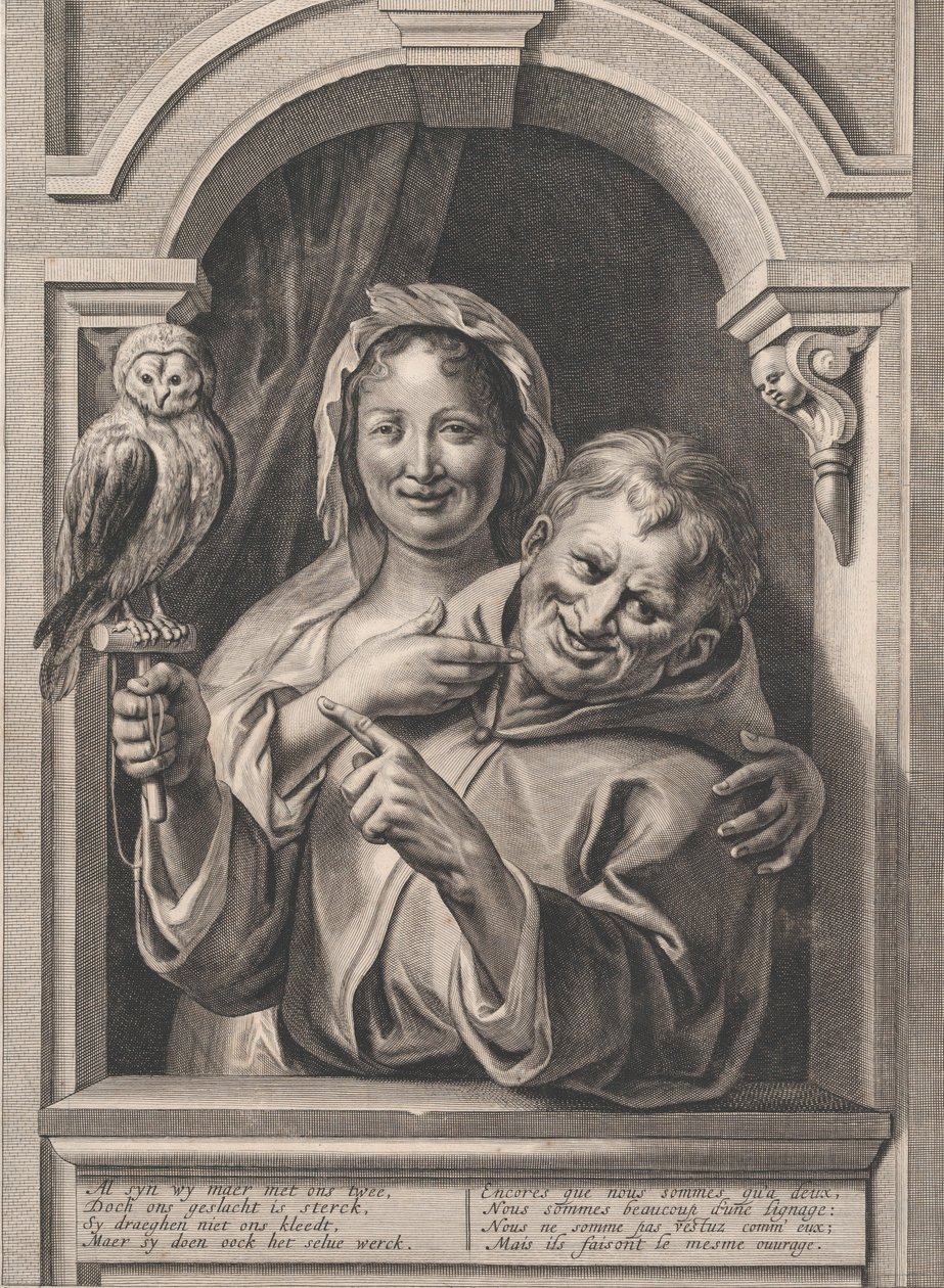 Tyhmä pöllön kanssa ja nainen ikkunassa, 1600-luku. tekijältä Pieter de Jode II
