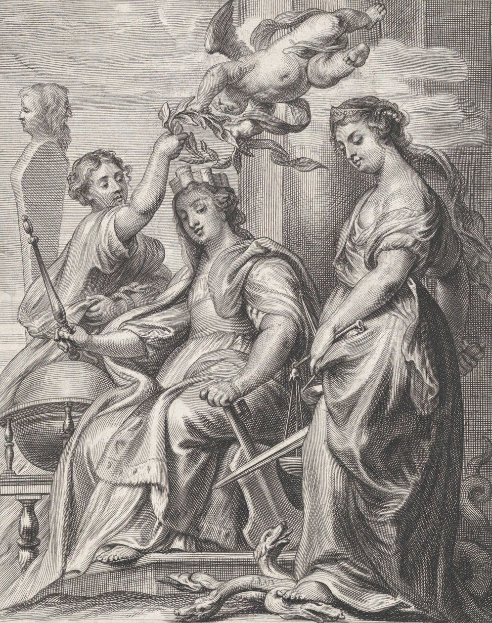Hyvän hallinnon allegoria, joka istuu keskellä ja jonka kruunaavat putto ja wo..., n. 1640-74. tekijältä Pieter de Jode II