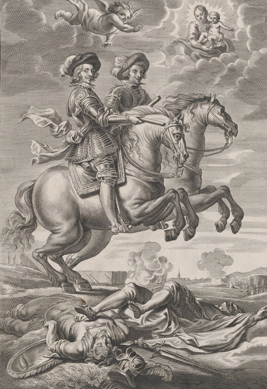 Levy 10: Unkarin kuningas ja Ferdinand hevosen selässä, Guillielmus Becanuksen teoksesta Sere..., 1636. tekijältä Pieter de Jode II