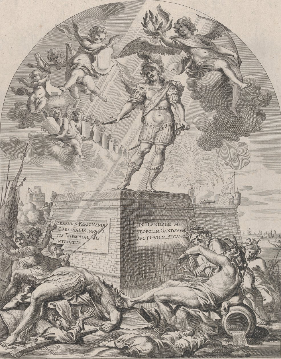 Levy 1: Ferdinand Marsina seisomassa jalustalla, William Becanuksen teoksesta Serenissim..., 1636. tekijältä Pieter de Jode II