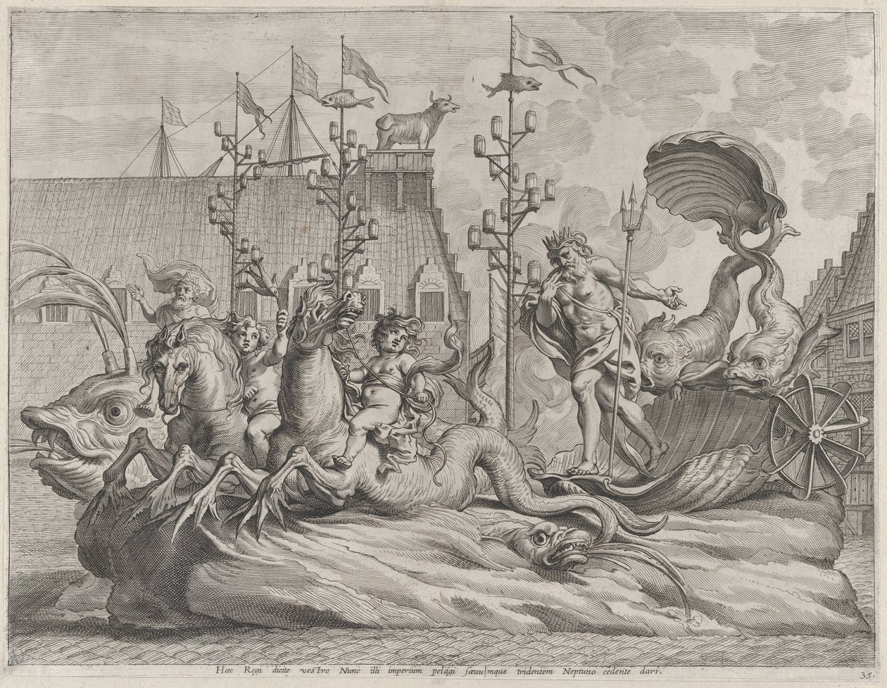 Kilpi 35: Filippos Espanjalainen Neptunuksena, ratsastaa kahden merihevosen vetämissä vaunuissa, Gu..., 1636. tekijältä Pieter de Jode II
