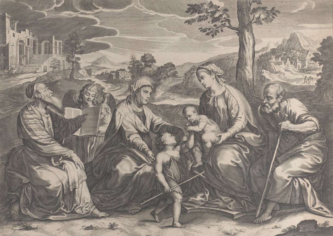 Pyhä perhe oikealla, pikkulapsi Pyhä Johannes Kastaja, Elisabet, Sakarias,..., 1631-37. tekijältä Pieter de Jode II