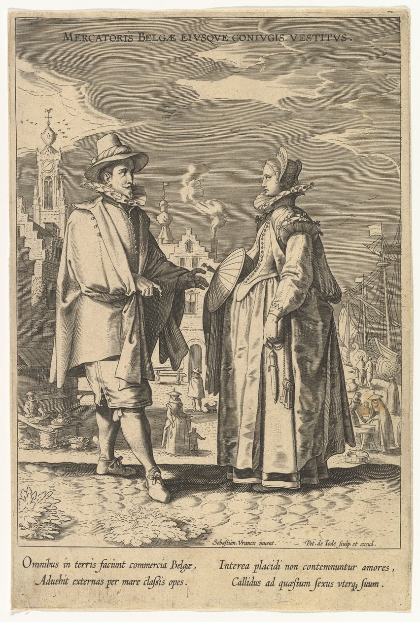 Belgialaisen kauppiaan ja hänen puolisonsa mekko, Fashions of Different Nations.n.d. tekijältä Pieter de Jode I