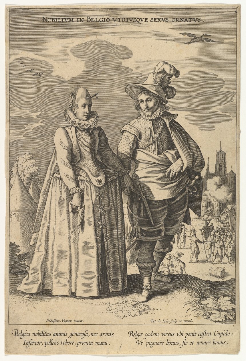 Jalomiehet Alankomaissa Molempien sukupuolten koristeet, Fashions of Different Nations.n.d. tekijältä Pieter de Jode I
