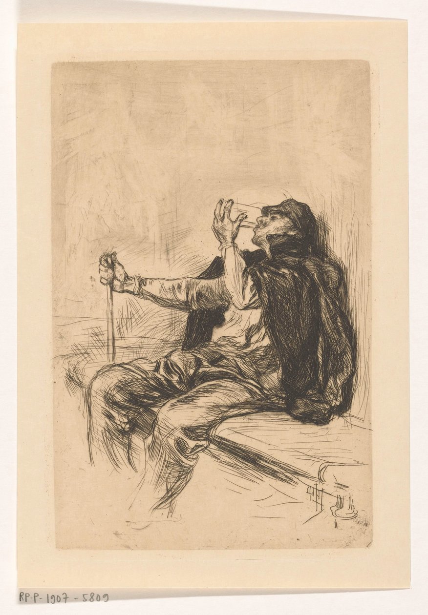 Juomassa mies kävelykepin kanssa tekijältä Pieter de Josselin