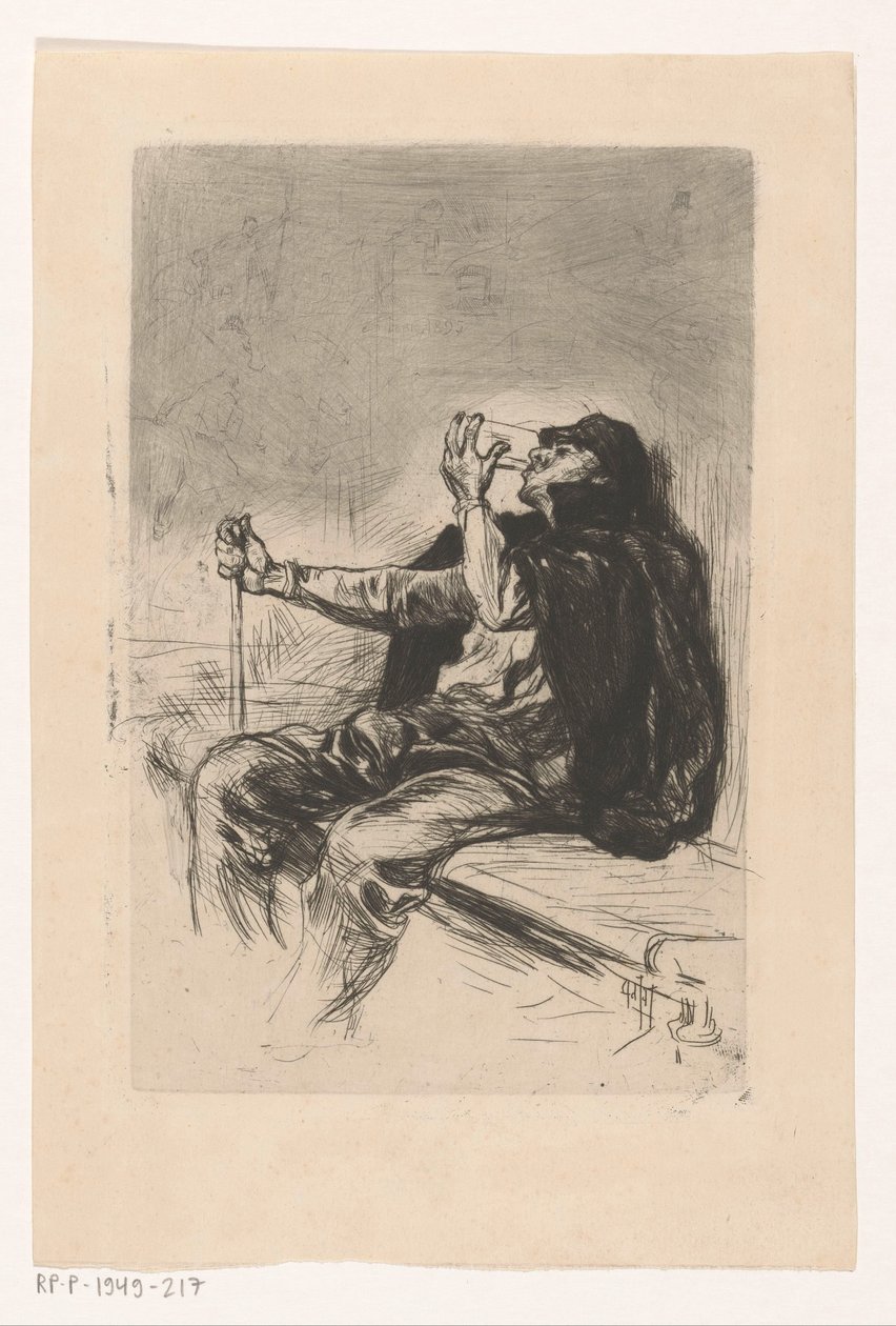 Juomassa mies kävelykepin kanssa tekijältä Pieter de Josselin