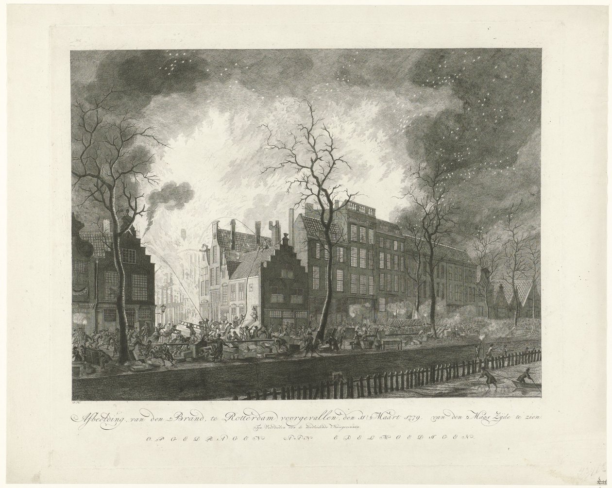Tuli Pottery Alleylla Rotterdamissa, 1779 Kuva, van den Brand, tapahtui Rotterdamissa 11. päivänä. Maaliskuu 1779. Van den Maas Silkki esillä (nimi esineessä) tekijältä Pieter de Mare