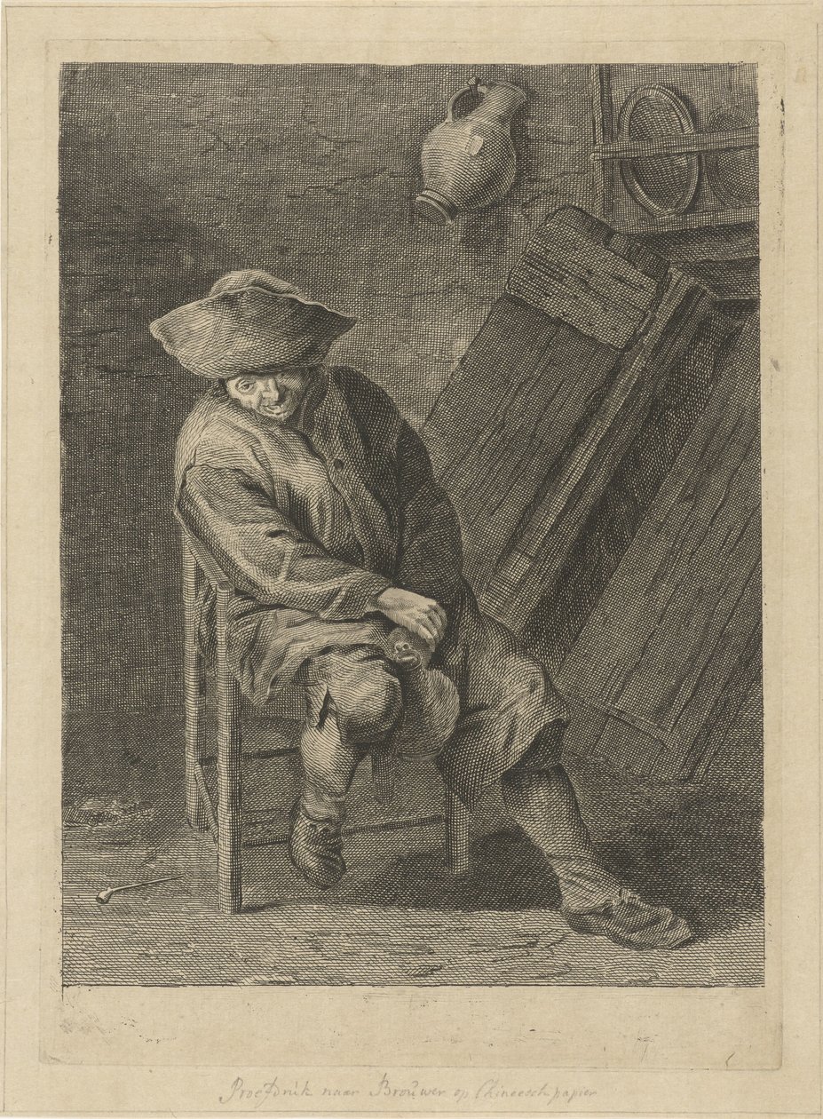 Istuva maanviljelijä kannun kanssa tekijältä Pieter de Mare