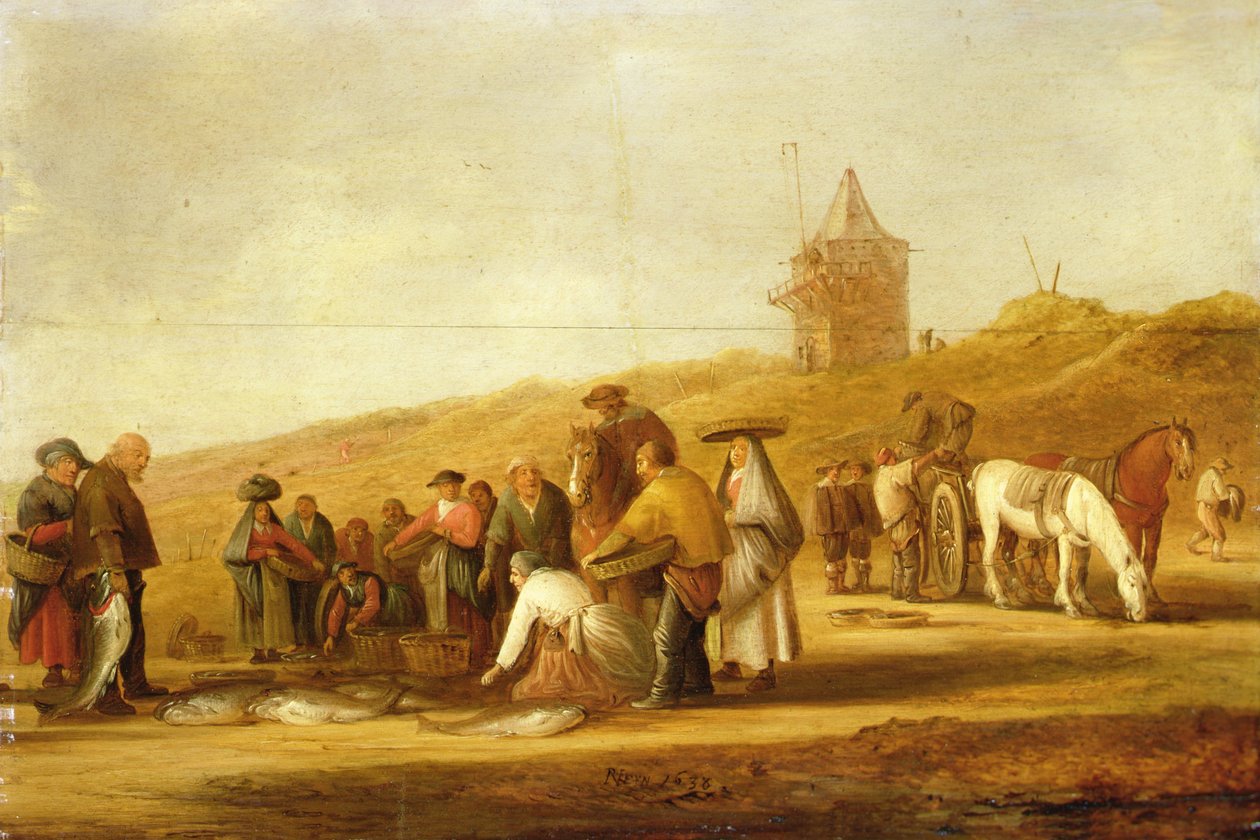 Kalastajat myyvät saaliinsa rannalla (öljy kankaalle) tekijältä Pieter de Neyn