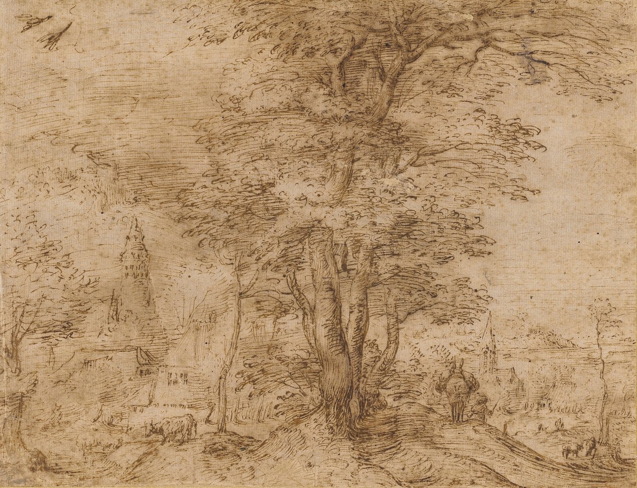 Kylä, jossa on joukko puita ja muuli, n. 1552-54 tekijältä Pieter Bruegel the Elder