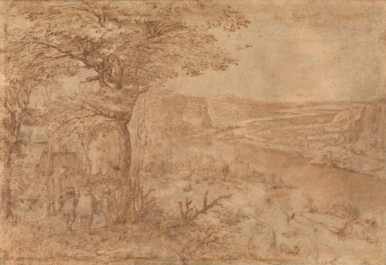Maisema pyhiinvaeltajien kanssa (kynä ja ruskea muste paperille) tekijältä Pieter Bruegel the Elder