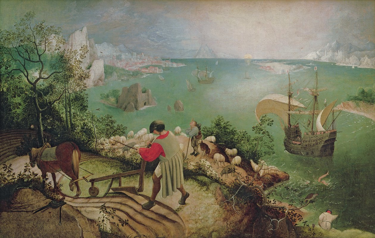 Maisema Ikaruksen putouksella, n. 1558 (öljy kankaalle) tekijältä Pieter Bruegel the Elder