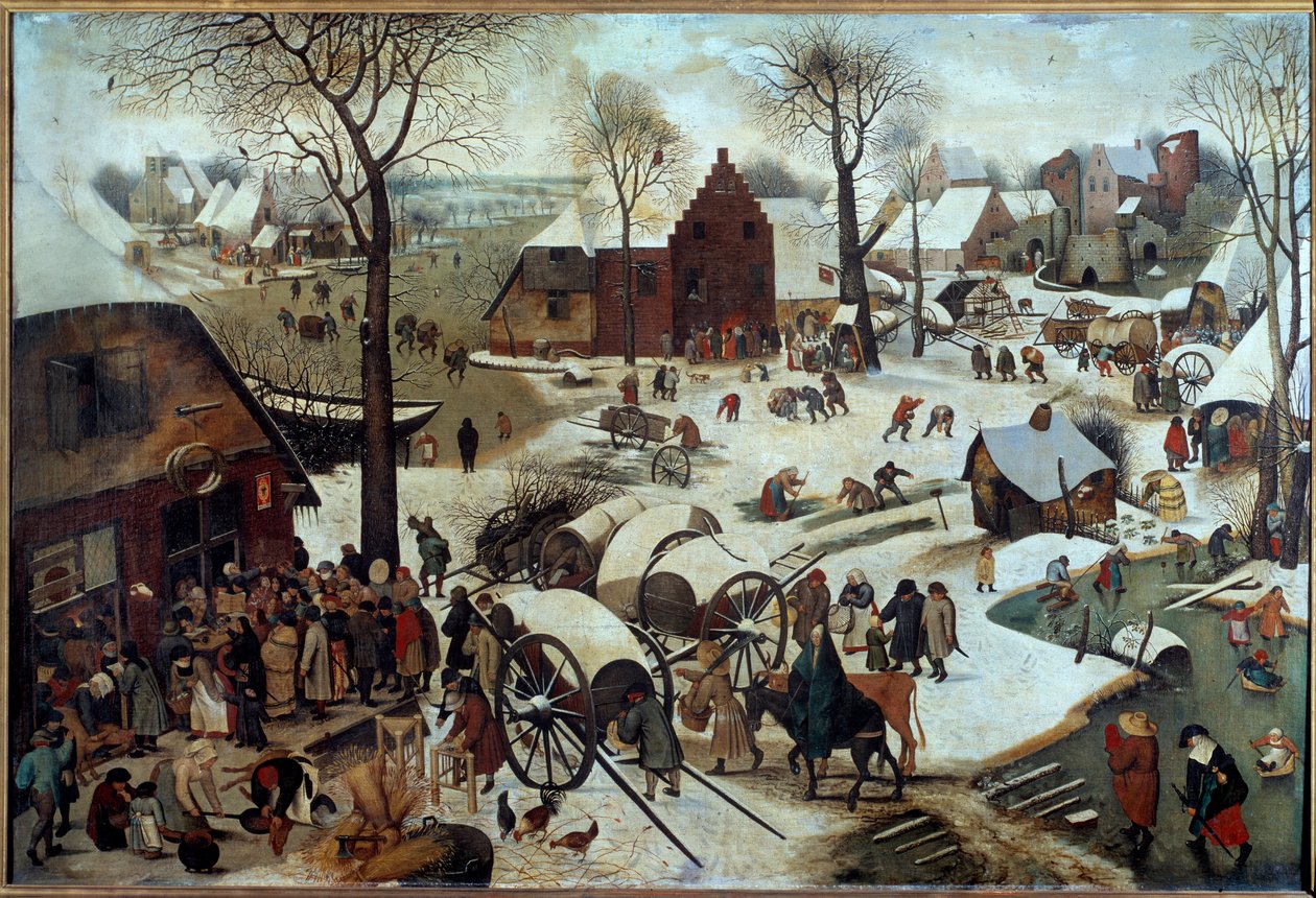 Sentin tai Deombrementin maksaminen Bethleemille (h s/t 1,11 x 1,64). Pieter Bruegelin (tai Breugelin tai Brueghelin tai Breughelin) entisen maalaus (1525-1569). 1566. Bryssel, Royal Museum of Fine Arts. tekijältä Pieter Bruegel the Elder