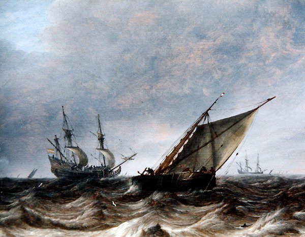 Smalschip ja Man-of-War aaltoilevalla merellä (öljy paneelissa) tekijältä Pieter the Elder Mulier
