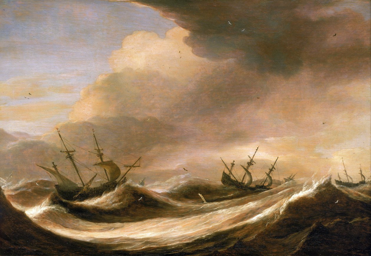Myrskyä pakenevia laivoja avomerellä, purjeet pienentyneet, voimakkaiden aaltojen ravistelemat. Pieter Mulier (1615-1670), öljy puulle, noin 1640. tekijältä Pieter the Elder Mulier