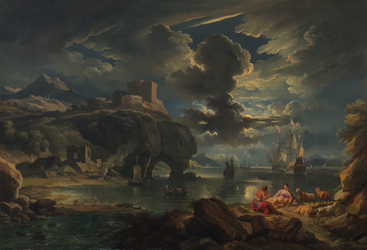 Välimeren kuutamoinen rannikkomaisema, n. 1700-01 (öljy kankaalle) tekijältä Pieter the Younger Mulier