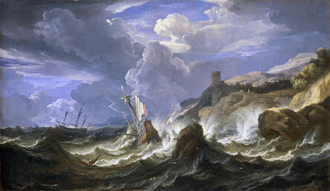 Haaksirikko myrskyssä lähellä kallioista rannikkoa. Öljyä kankaalle, 1600-luvun puoliväli, tekijä Pieter Mulier II nuorempi (tai Pietro Mulieribus tai Pietro Cavaliere Tempesta) (1637-1701). tekijältä Pieter the Younger (1637 1701) Mulier