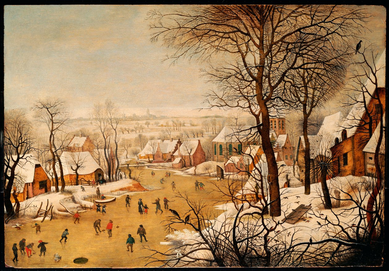 Talvimaisema luistelijoiden ja lintuansan kanssa tekijältä Pieter Brueghel the Younger