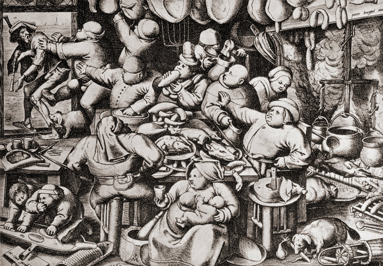 Kerjäläinen heitetään ulos rikkaan miehen keittiöstä, 1500-luvulla (kaiverrus) tekijältä Pieter the Younger Brueghel