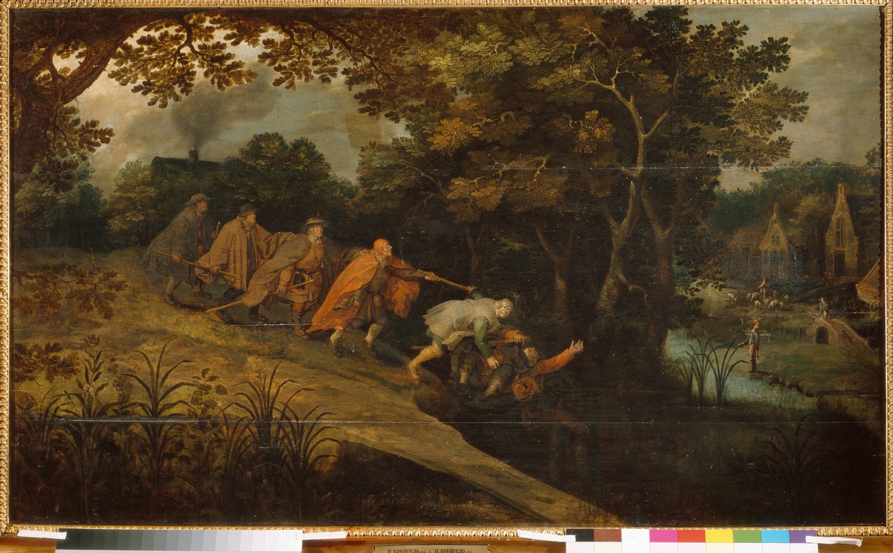 Sokea johtaa sokeaa. Pieter Bruegelin maalaus sanoi nuori (tai Pierre Breugel tai Peter Brueghel tai Breughel) (noin 1564-1638), öljy puulle. Flanderin primitiivinen taide tekijältä Pieter the Younger Brueghel