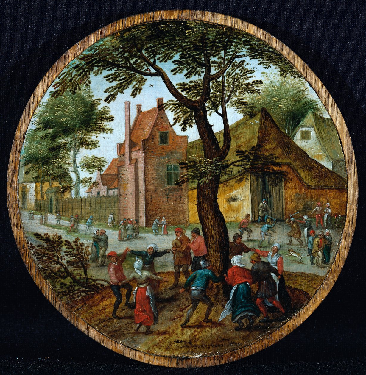 Talonpojat tanssivat puun ympäri kyläkadulla, 1625 tekijältä Pieter Brueghel the Younger