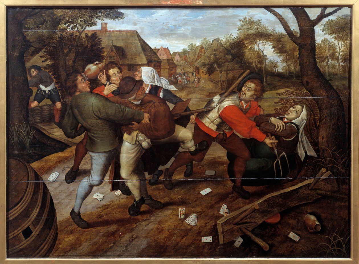 Talonpojat tappelevat luokkapelin jälkeen. Pieter Li:n maalaus Jeune dit Brueghel d