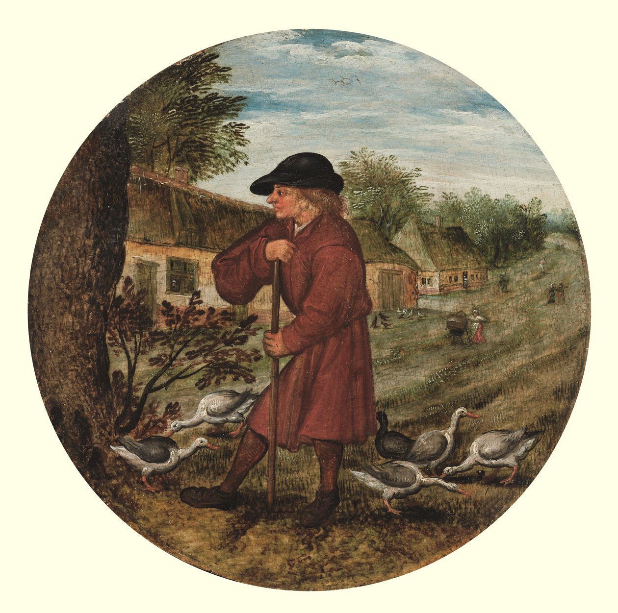 Hanhenpaimenkoira eli "Kuka tietää miksi hanhet menevät paljain jaloin?" (öljy paneelissa) tekijältä Pieter the Younger Brueghel