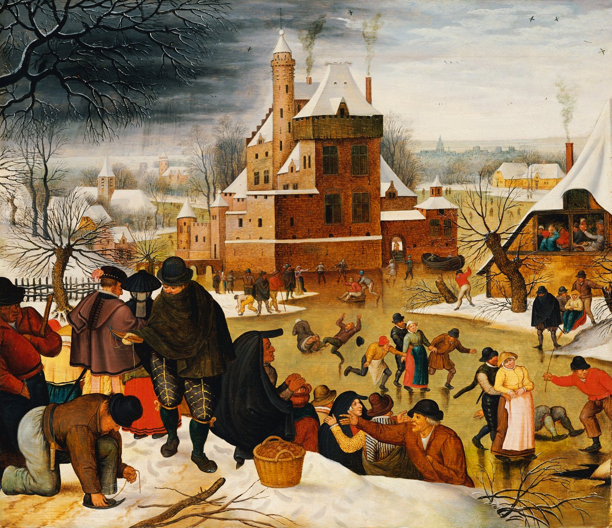 Townsfolk luistelee linnan vallihautalla (öljy paneelissa) tekijältä Pieter the Younger Brueghel