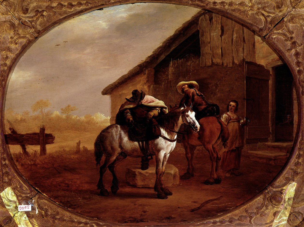 Lähtö hotellilta Kaksi hevosmiestä ratsastaa hevosillaan pysähdyksen jälkeen majatalossa. Pieter Van Laer dit Bamboccio (BAmboche ou Bamboots) maalaus (1592/5-1642) (ec.holl.) 1600-luvun su. 32x43 cm Pariisi, musee du Louvre - Lähtö Innistä, Piet tekijältä Pieter van Laar