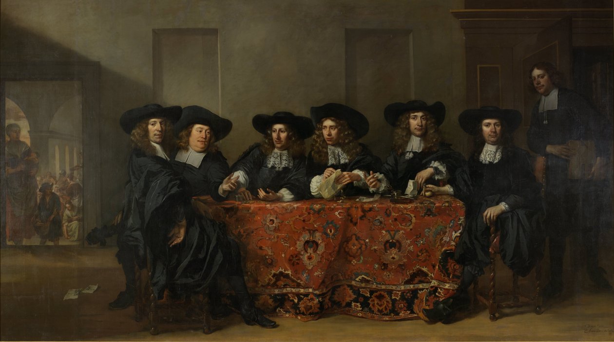 Kuusi valtionhoitajaa ja talomestari Oude Zijds -instituutissa ulkona köyhien auttamiseksi, Amsterdam, 1675 tekijältä Pieter van Anraedt