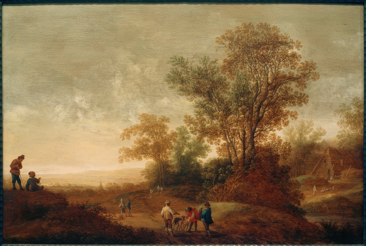 Jokimaisema metsästysseurueen kanssa tekijältä Pieter van Asch