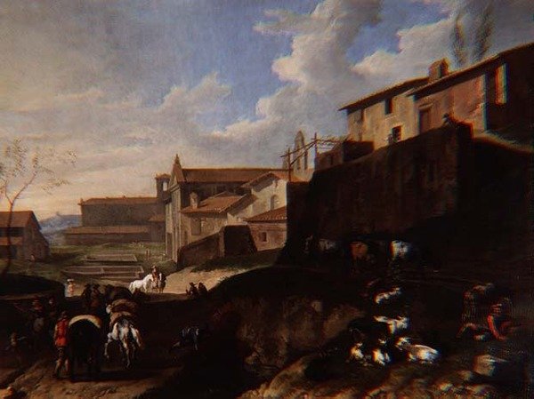 Capriccio-näkymä kirkkojen, mökkien ja matkailijoiden kanssa (öljy) tekijältä Pieter van Bloemen