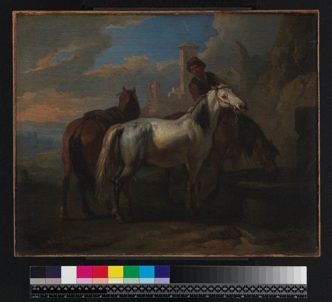 Hevoset juomassa suihkulähteellä, ennen vuotta 1720 tekijältä Pieter van Bloemen