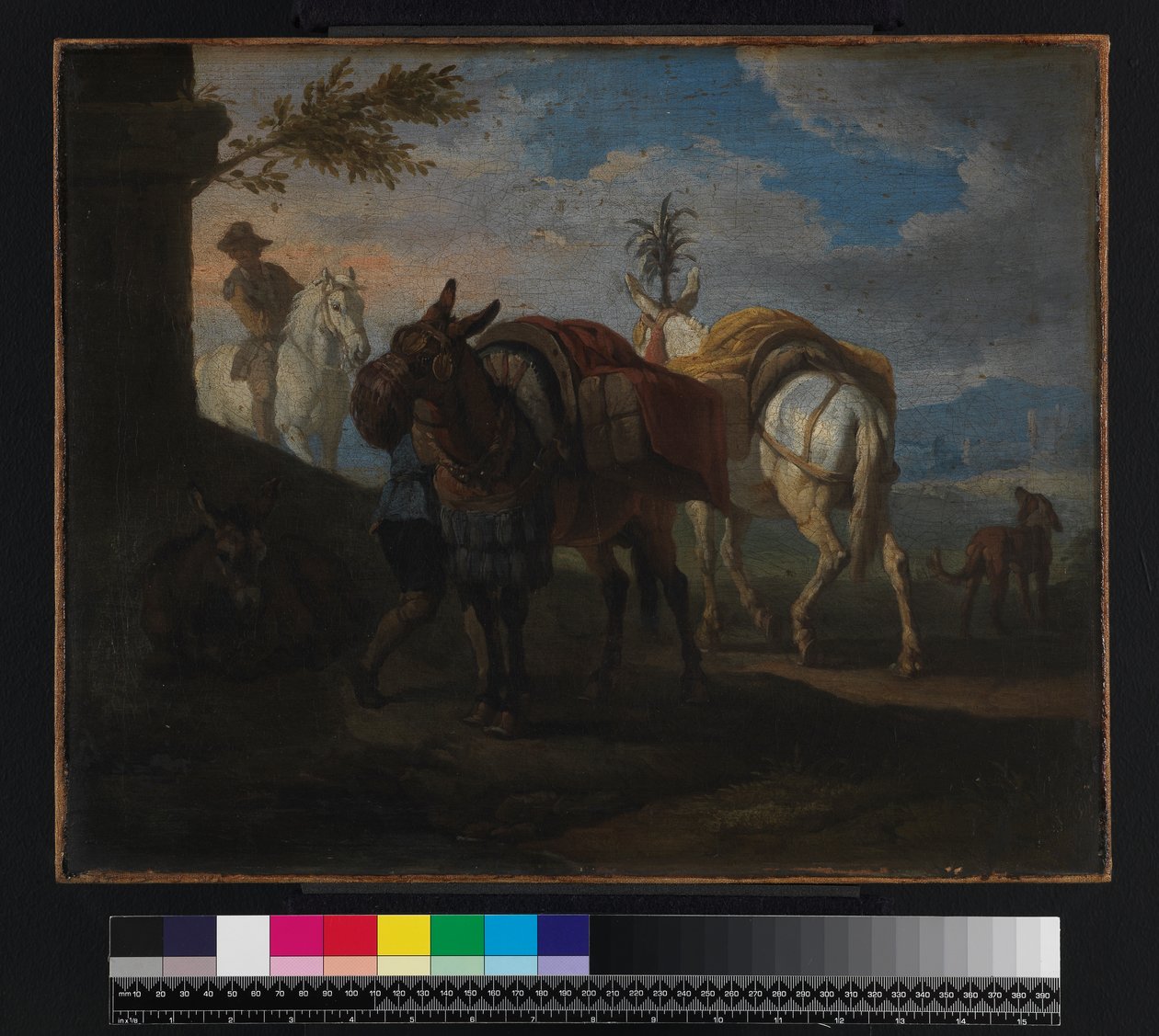 Muulit pysähtyvät tien varteen, ennen vuotta 1720 tekijältä Pieter van Bloemen