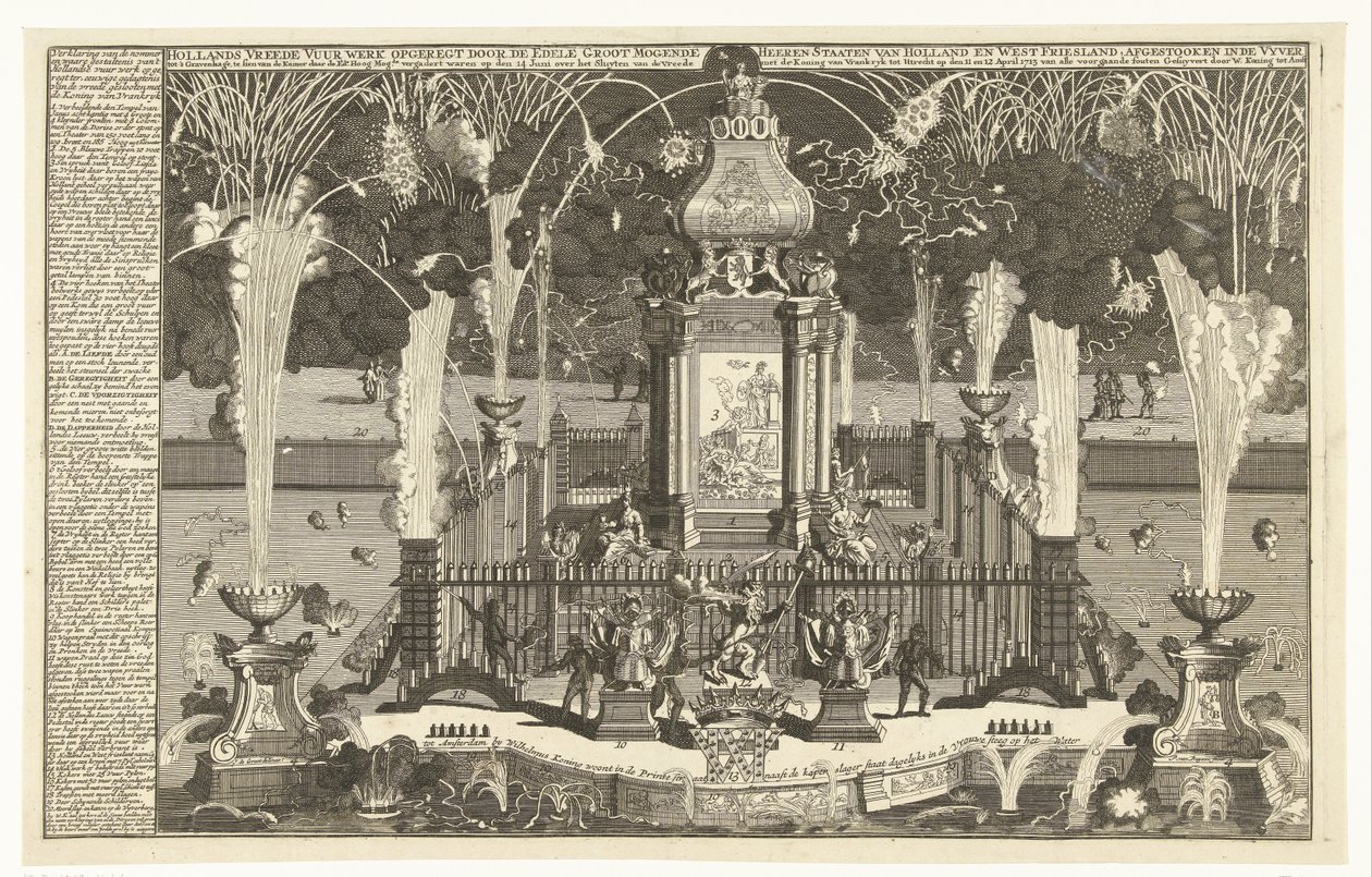 Ilotulitus Utrechtin rauhan kunniaksi, 1713 Hollannin Noble Groot Mogende Heerenin osavaltioiden ja Länsi-Frieslandin pystyttämä hollantilainen rauhan ilotulitus, ammuttu jokeen Haagiin (...) (otsikko esineessä) tekijältä Pieter van Buysen jr.